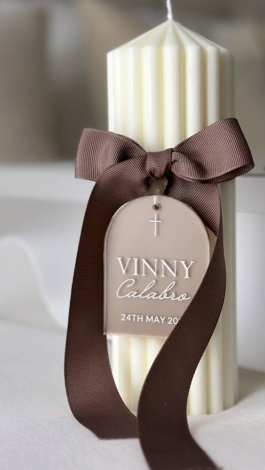 Baptism candle with coloured and frosted acrylic plaque