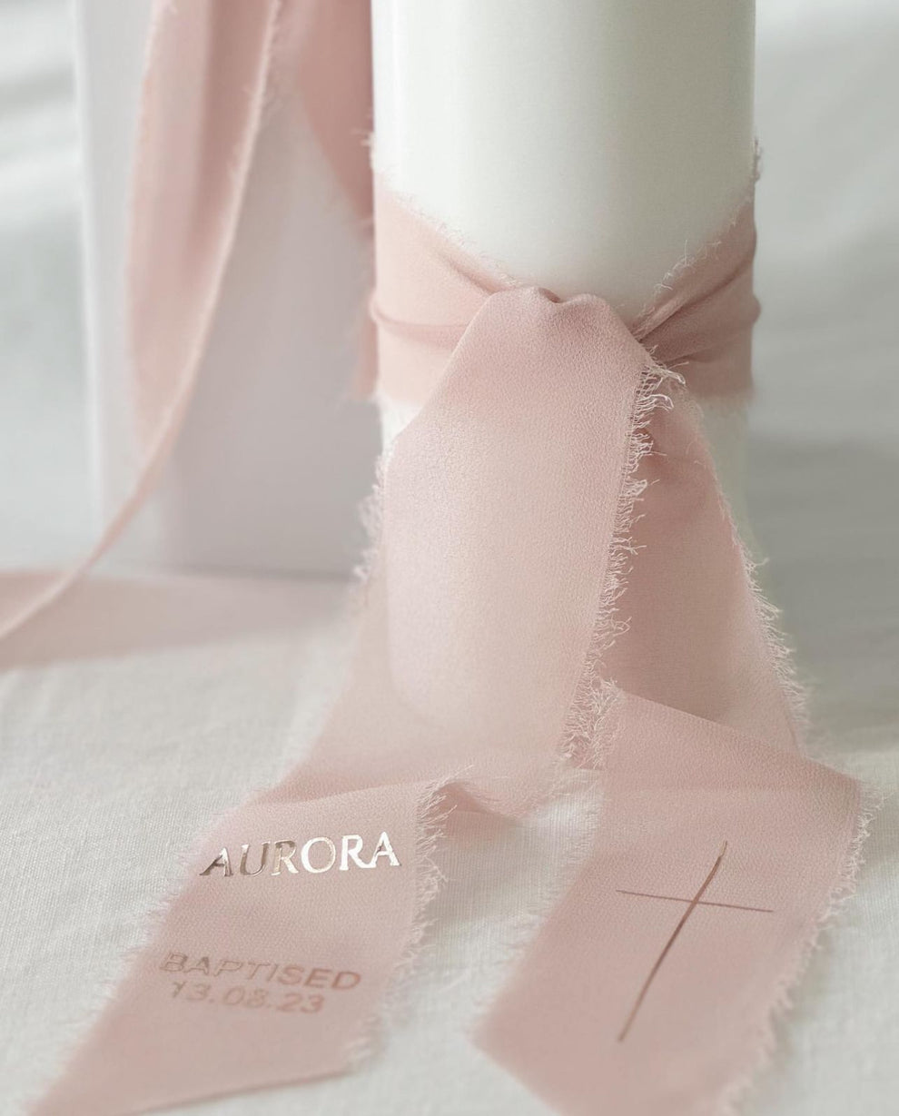 Chiffon ribbon candle – Baptised and Blessed