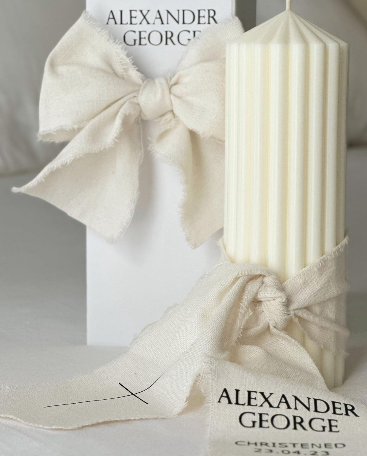 Baptism candle with calico wrap